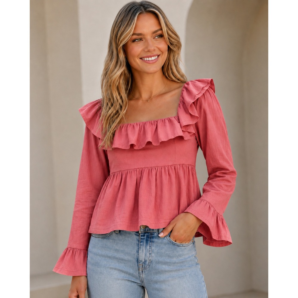 Free People Tulla Babydoll Top Womens M Pink Ruffle Open Back Boho Blouse